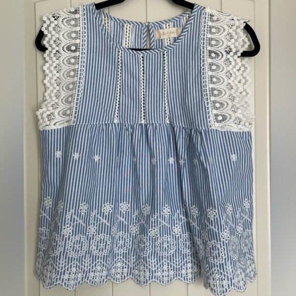 Tops - Blue and White Striped Top with Lace Flutter Sleeve